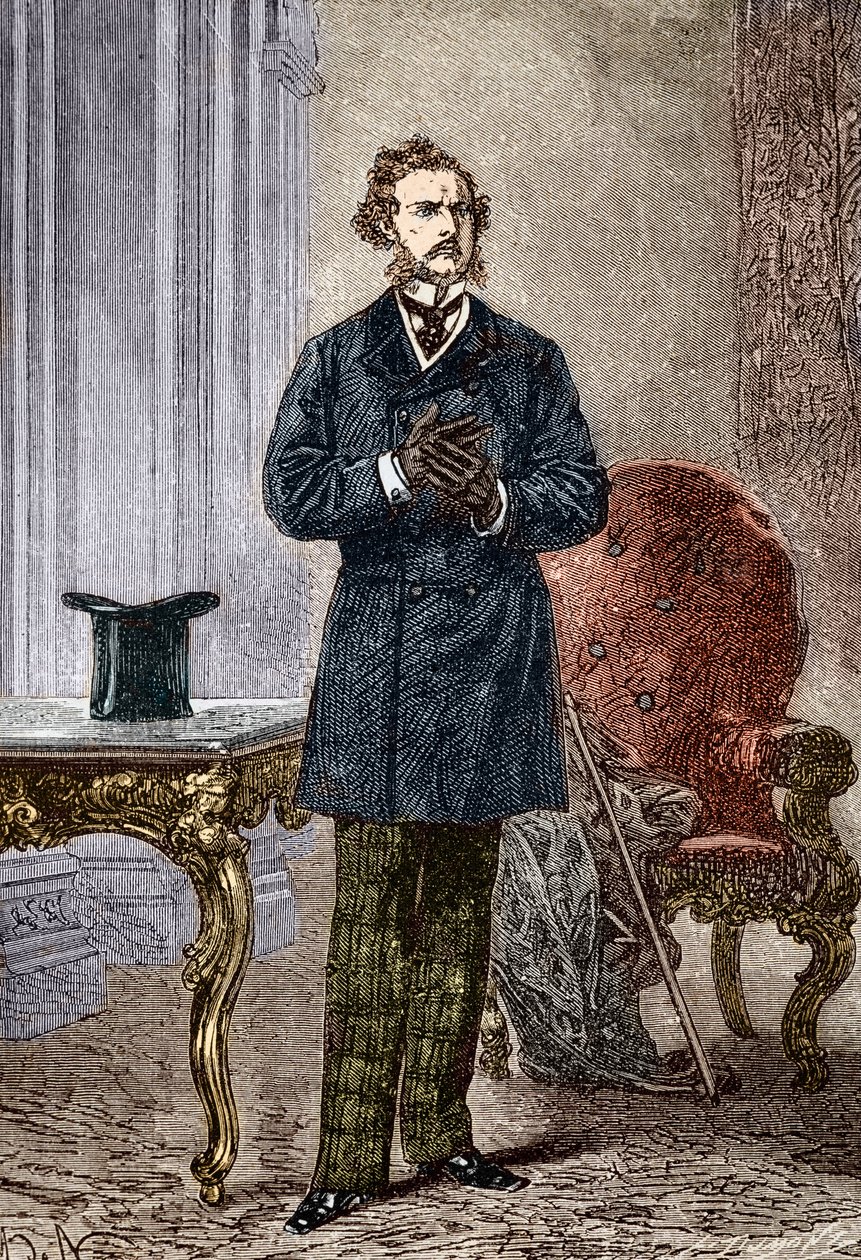 Portrait de Phileas Fogg, personnage du roman « Le tour du monde en quatre-vingts jours » de Jules Verne illustré par Louis Paul Pierre Dumont (1822-1882) en 1872 (Phileas Fogg du frontispice de « Le tour du monde en quatre-vingts jours » par Jules Verne ( - Louis Paul Pierre Dumont
