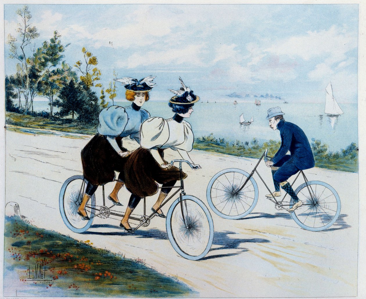 Promenade du dimanche. Balade à vélo : un homme à vélo regarde deux femmes sur un tandem - Louis Vallet