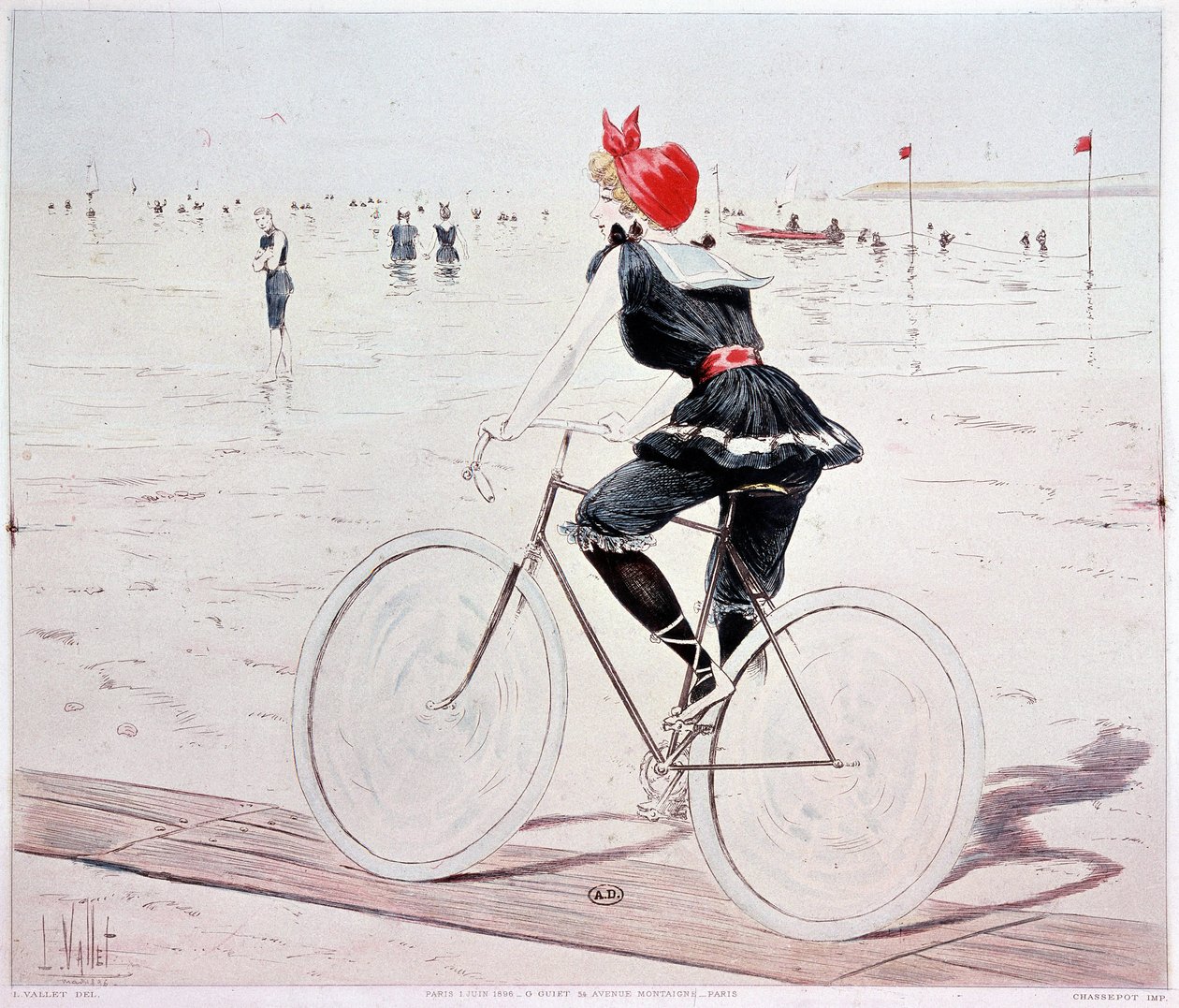 Femme à vélo sur la plage - dessin de L. Vallet - Louis Vallet