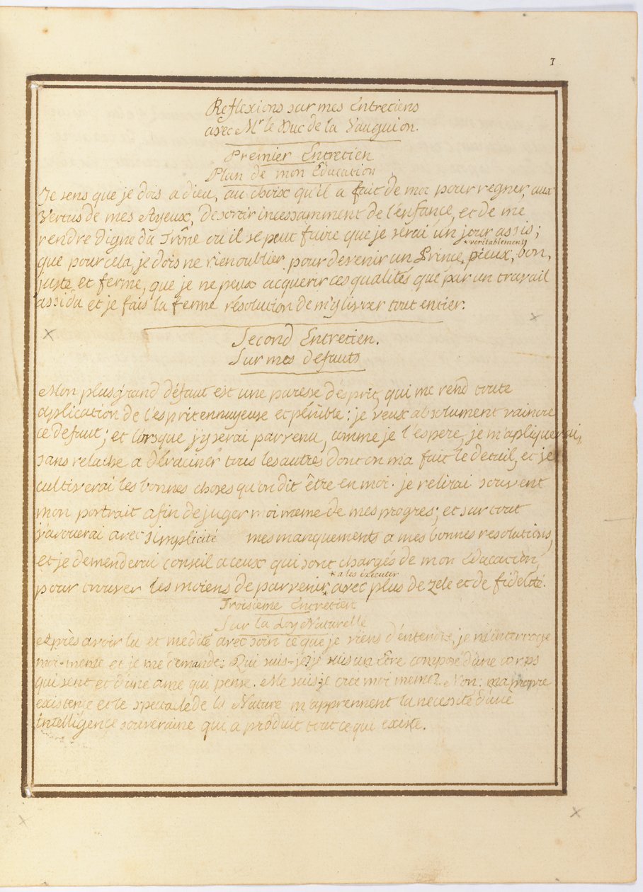 "Réflexions sur mon entretien avec M. le Duc de la Vauguyon", manuscrit autographe, janvier 1767 à début 1769 - Louis XVI