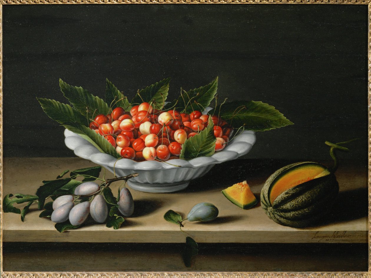 Coupe de cerises, prunes et melon … - Louise (circle of) Moillon