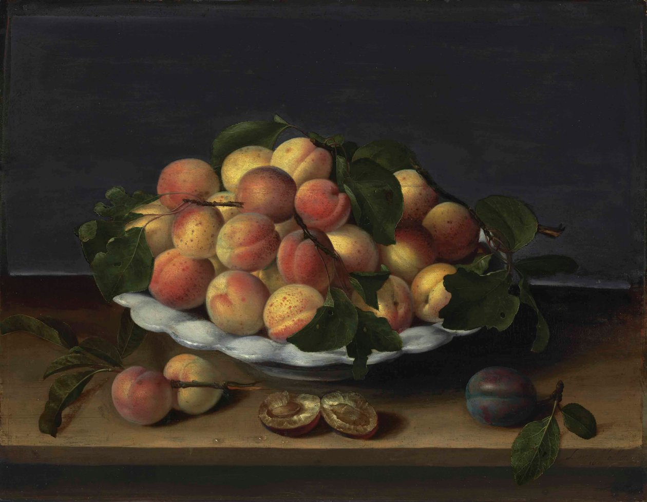Abricots dans un bol en céramique, avec des prunes sur un rebord en pierre - Louise Moillon