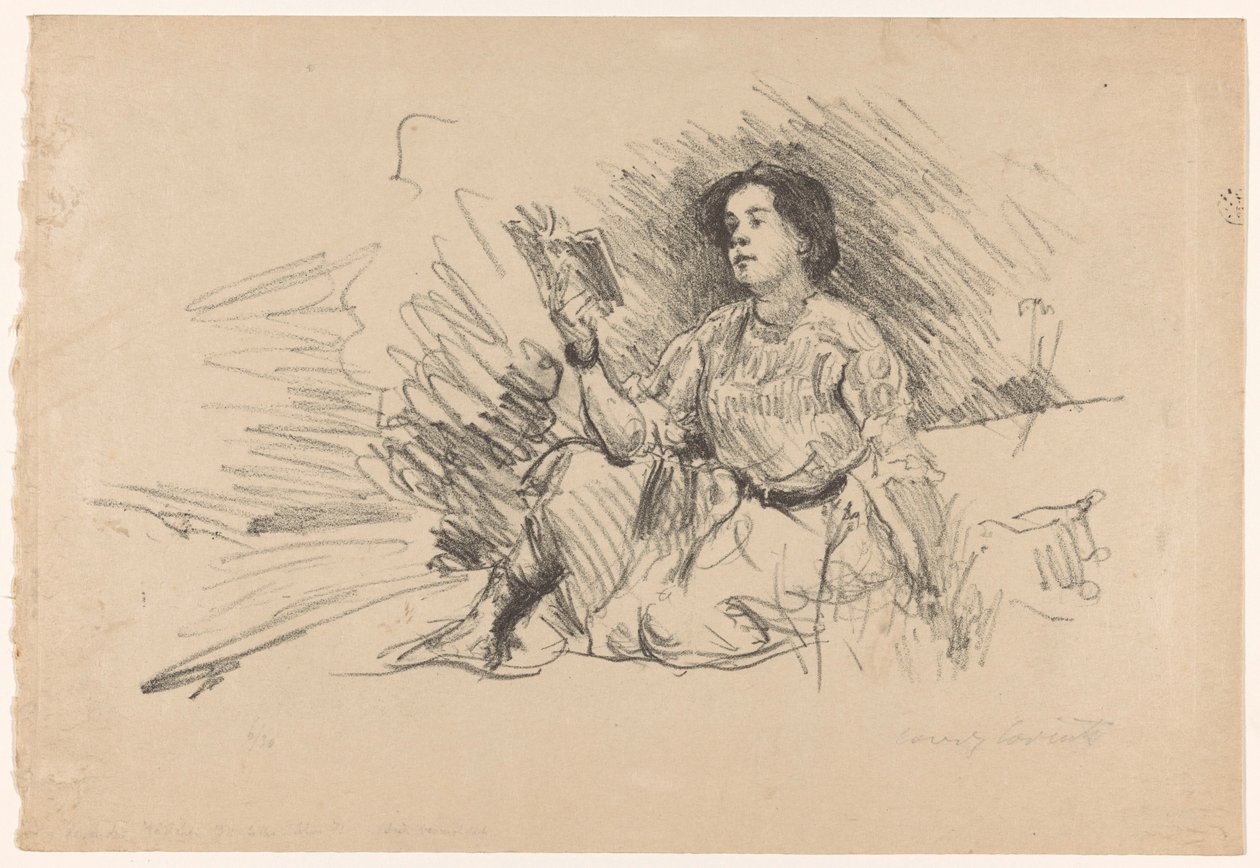 Fille lisant, assise par terre - Lovis Corinth (signed by artist)