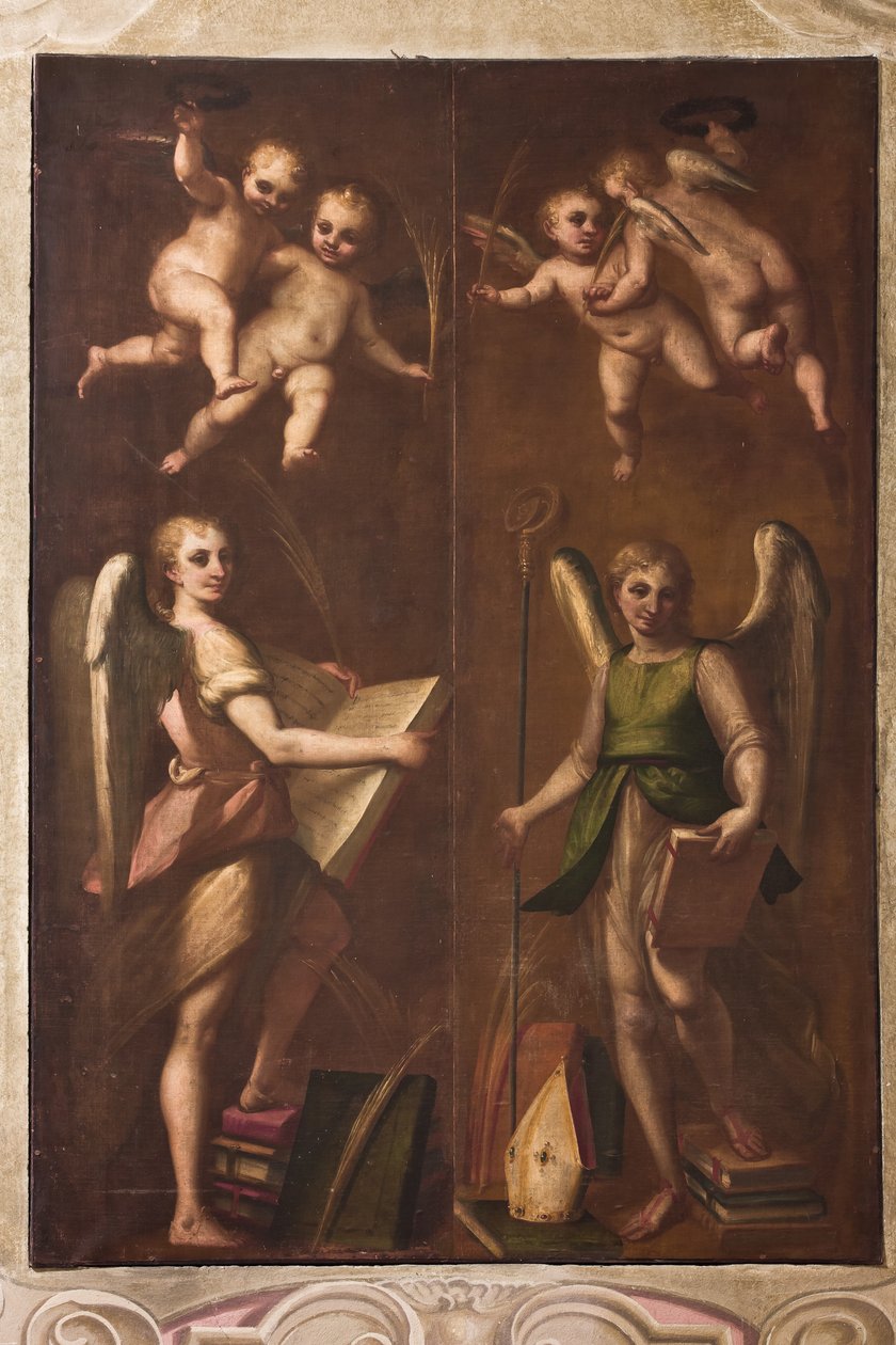 Gênes, Duomo (cathédrale Saint-Laurent), sacristie, chapelle : "Anges avec insignes épiscopaux, livres et branches de palmier", par Luca Cambiaso, vers 1580 - Luca Cambiaso