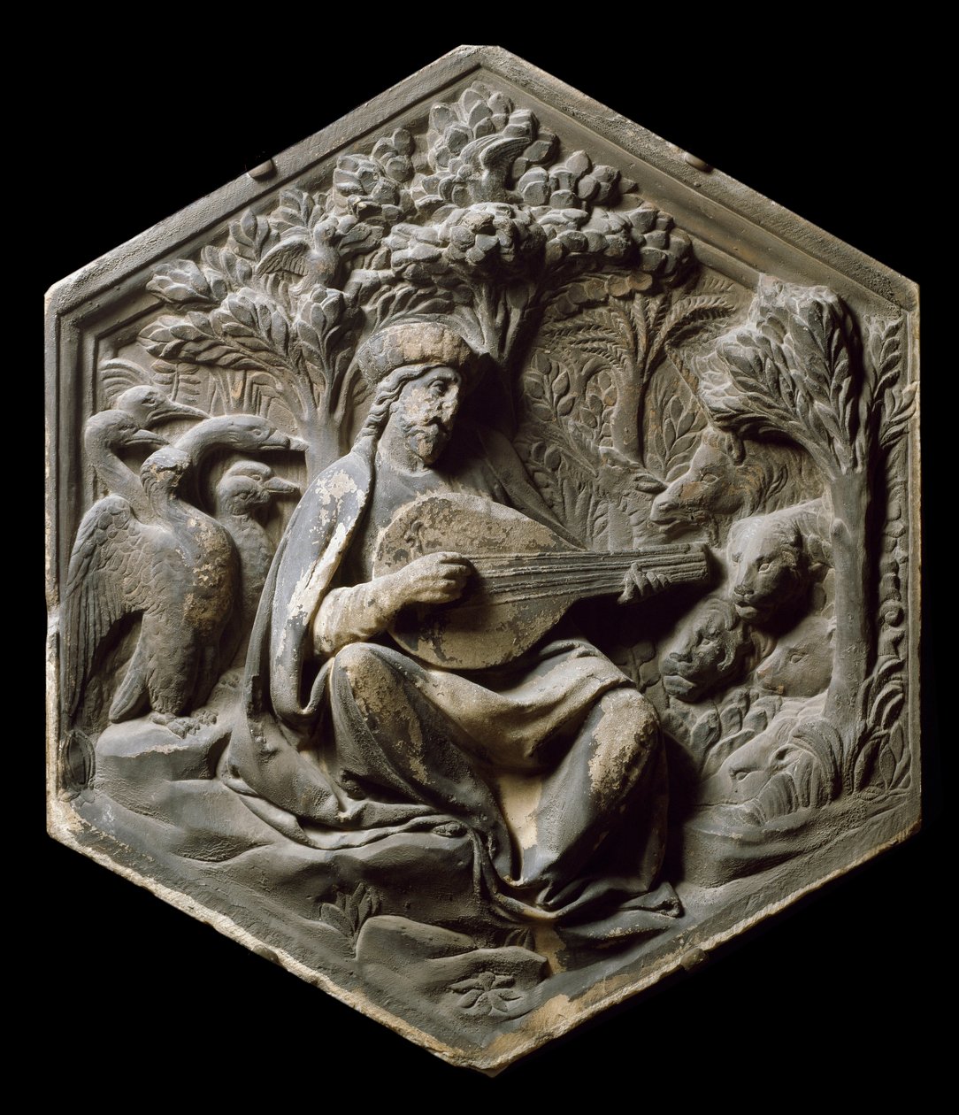 Allégorie de la Musique comme Orphée Les animaux de la forêt écoutent Orphée jouant du luth. Haut-relief par Luca della Robbia - Luca Della Robbia