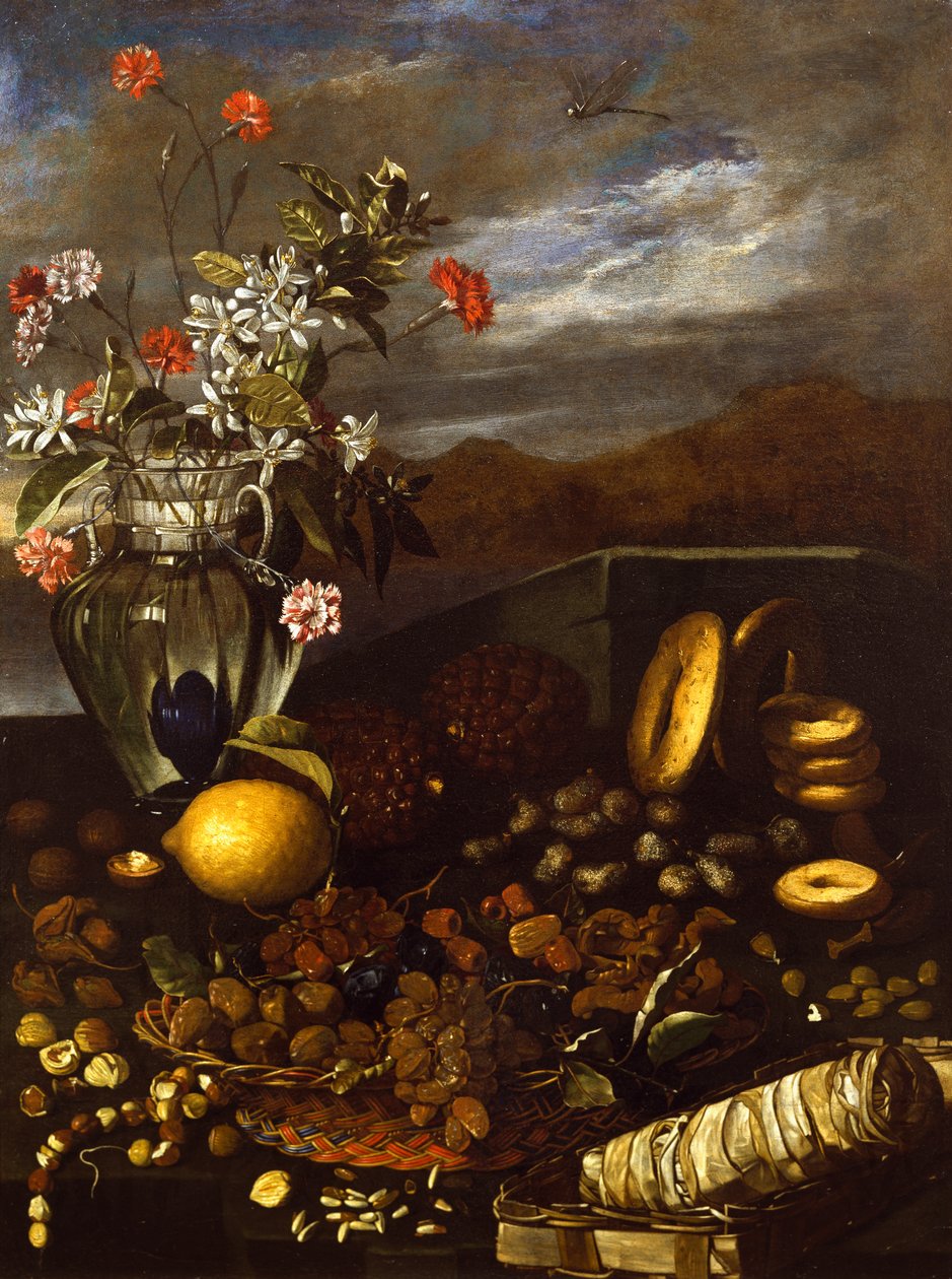 Nature morte avec fruits secs, fleurs et paysage - Luca Forte