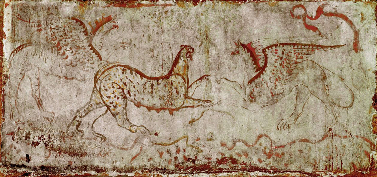 Un combat entre une panthère et un griffon, fresque lucanienne du IVe siècle av. J.-C., de la tombe du Cavalier, nécropole de Paestum, Italie. Museo nazionale archeologico, Paestum - Lucanian School