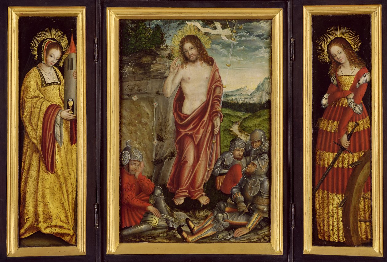 Petit autel ailé avec la Résurrection du Christ, Sainte Barbara (aile gauche) et Sainte Catherine (aile droite), 1508-10 - Lucas Cranach the Elder