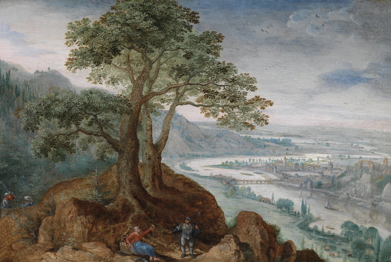 Vue de Pöstlinberg sur la ville de Linz avec une paysanne et un voyageur sur un chemin au premier plan - Lucas van Valckenborch