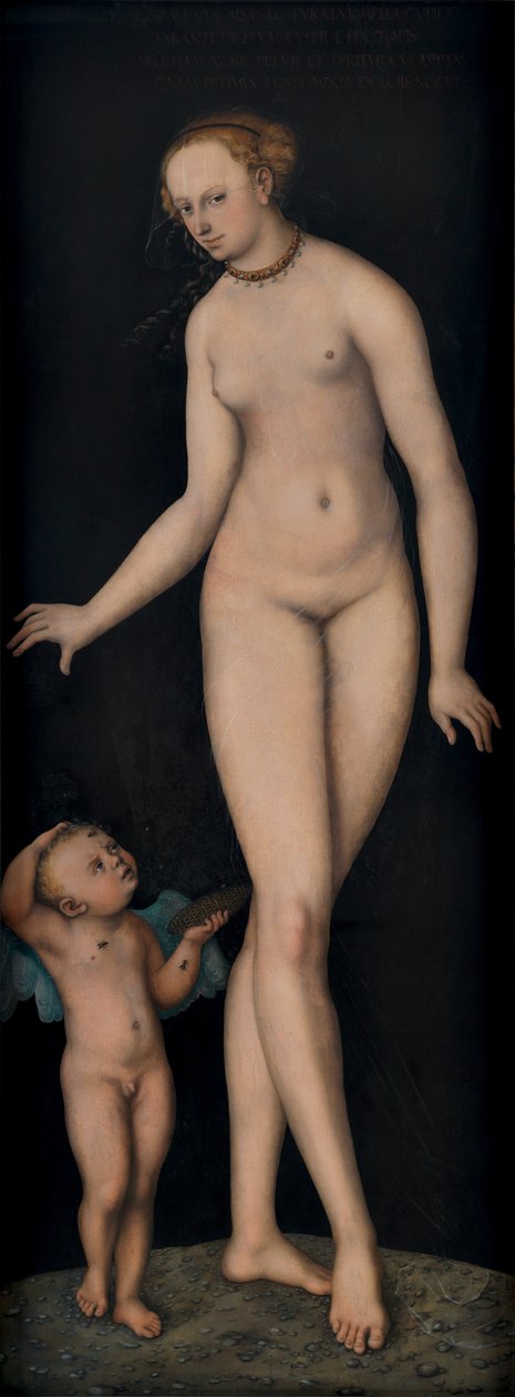 Allemand : Venus mit Amor als Honigdieb vor schwarzem Grund Venus with Cupid as a Honey Thief against a Black Background (Vénus avec Cupidon comme voleur de miel sur fond noir) - Lucas Cranach the Elder