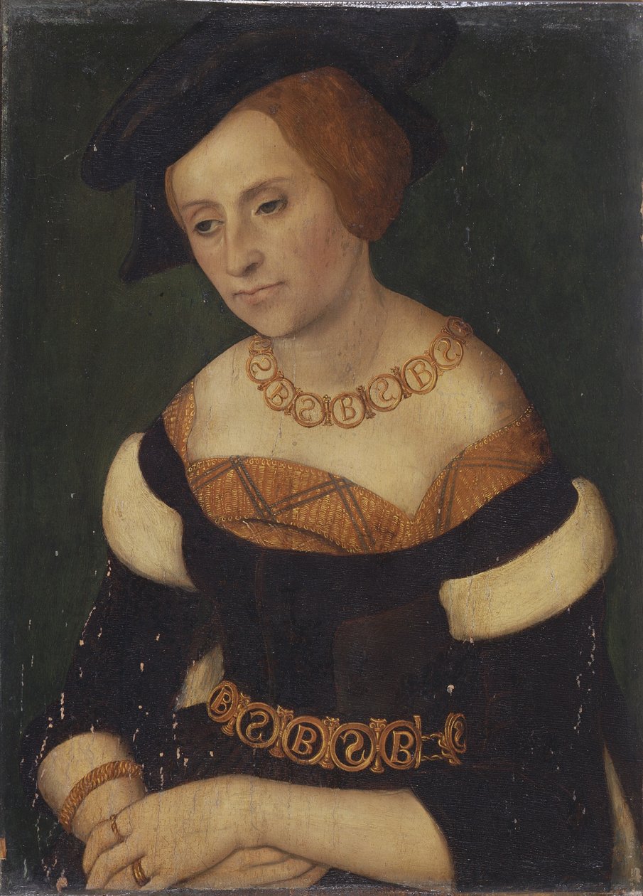 Portrait de Barbara Zapolya (1495-1515), reine de Pologne, avec collier et ceinture portant le monogramme Bamp;S (Barbara et Sigismundus) - Lucas Cranach the Elder
