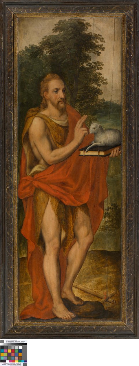 Jean-Baptiste (à gauche), Donateur (à droite), Vanité (fermée), Lucas de Heere, Musée des Beaux-Arts de Gand, S-101, panneau ouvert à gauche - Lucas de Heere