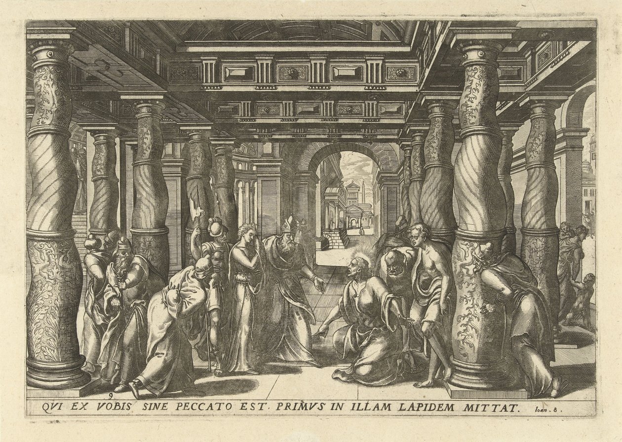 Christ et la femme adultère (Memorabilivm Novi Testamenti in templo gestorvm icones tredecim elegantissimi ac ornatissimi) - Lucas van Doetechum