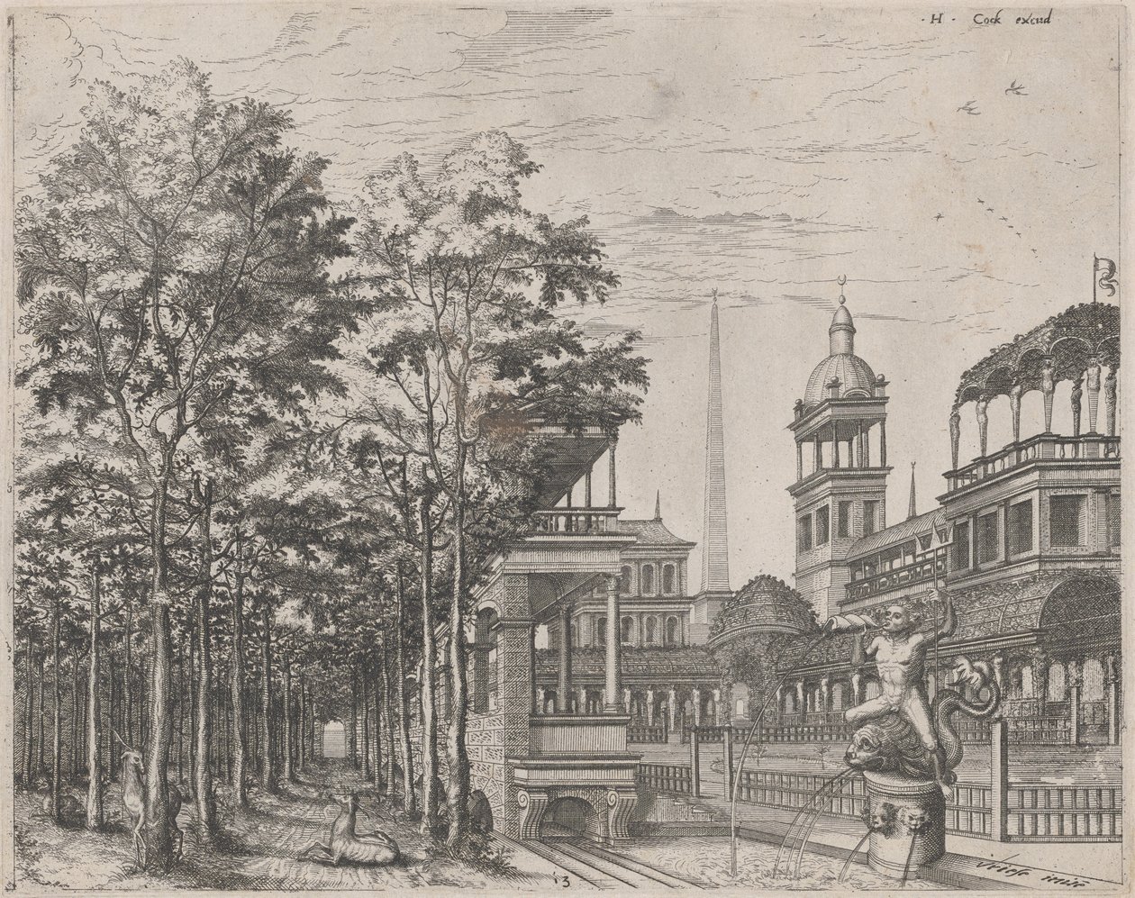 Paysage avec arbres, deux cerfs et une cour de palais - Lucas van Doetechum and Johannes
