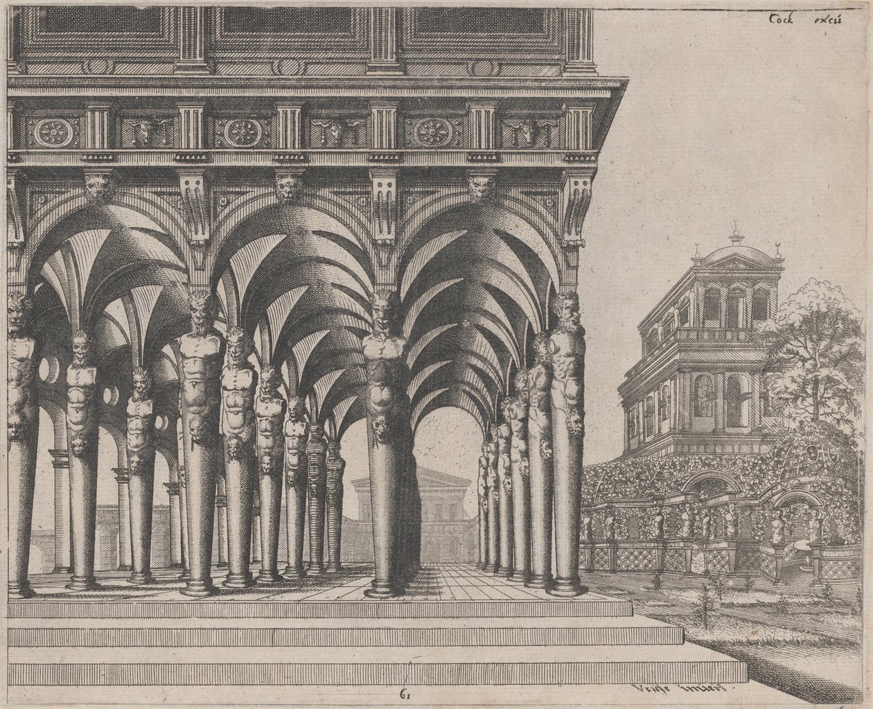 Loggia avec termes de satyre et un jardin - Lucas van Doetechum and Johannes