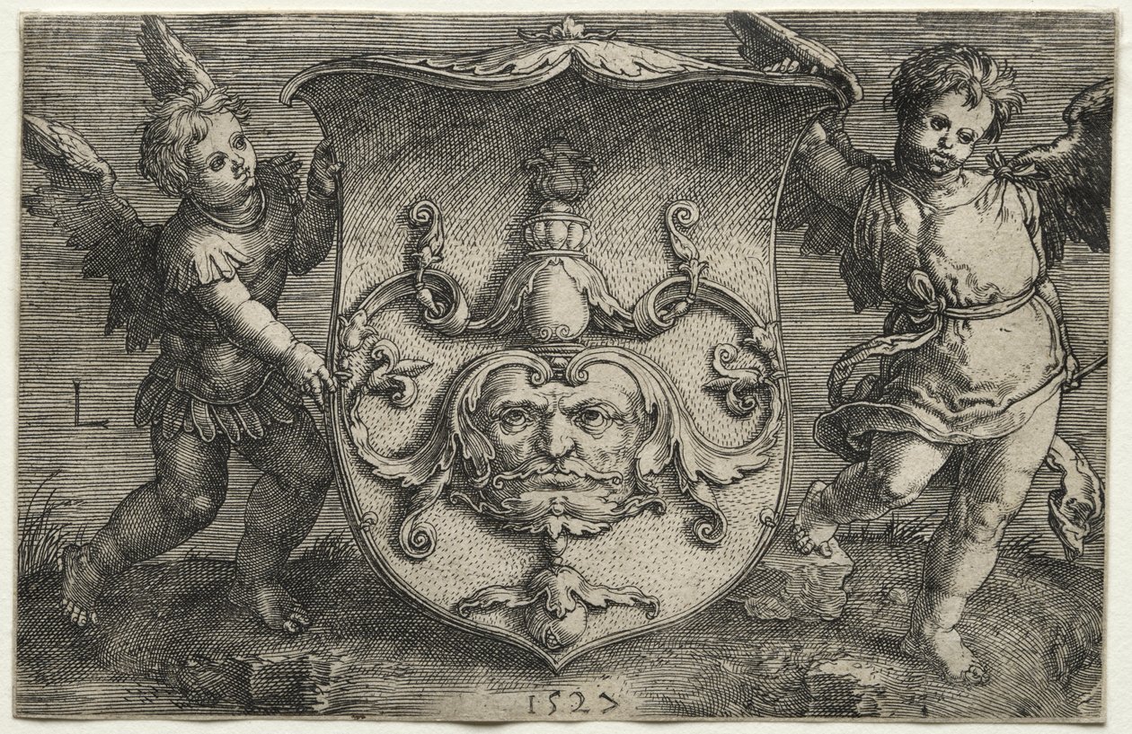 Un bouclier portant un masque soutenu par deux génies - Lucas van Leyden
