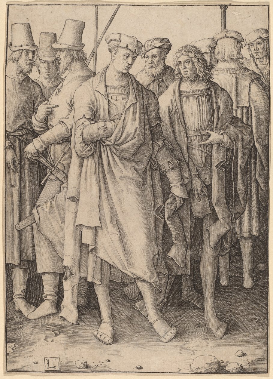 Un jeune homme avec huit hommes armés - Lucas van Leyden