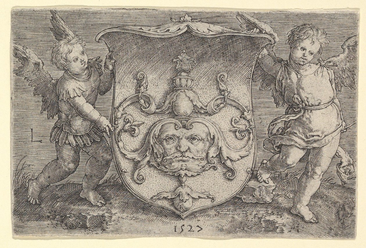 Blason avec un masque, tenu par deux génies - Lucas van Leyden