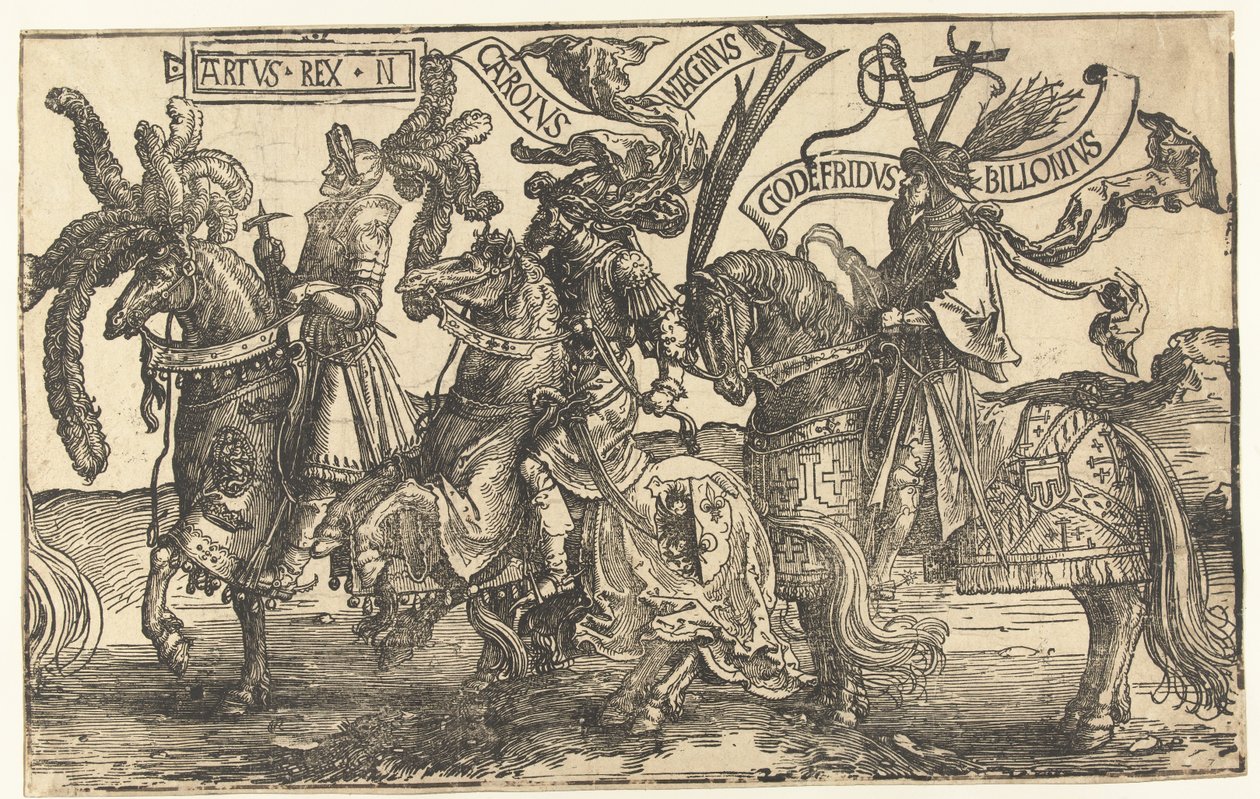 Les héros Roi Arthur, Charlemagne et Godefroy de Bouillon
Les neuf héros (titre de la série) - Lucas van Leyden