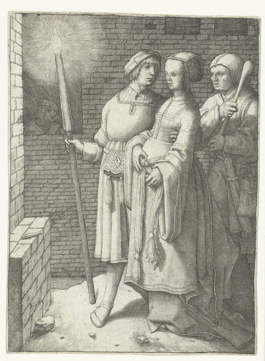 Jeune homme avec une torche, une femme et un bouffon - Lucas van Leyden