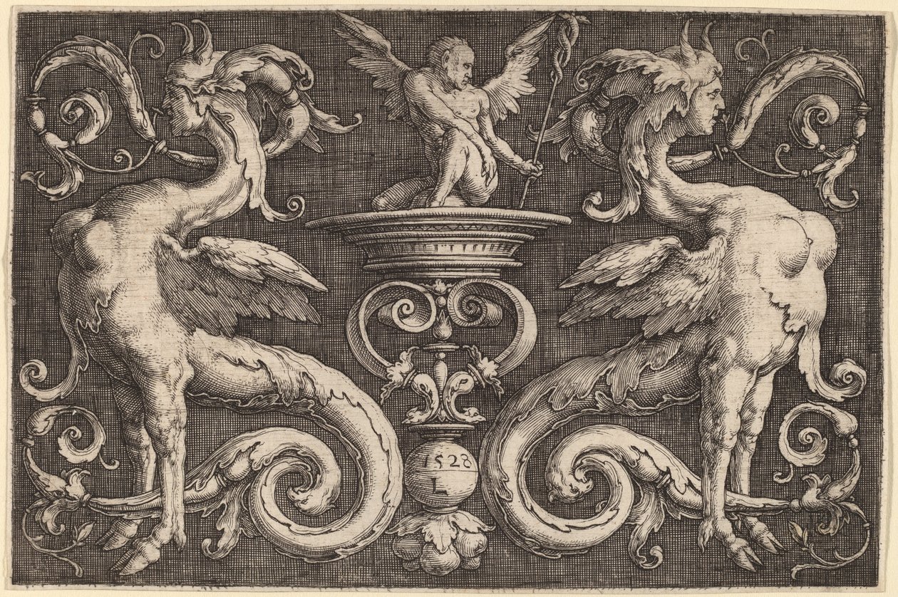 Ornement avec deux sphinx et un homme ailé - Lucas van Leyden