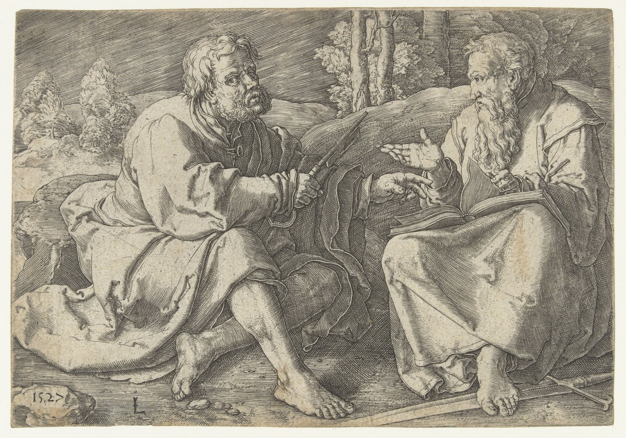 Paul et Pierre assis dans un paysage - Lucas van Leyden
