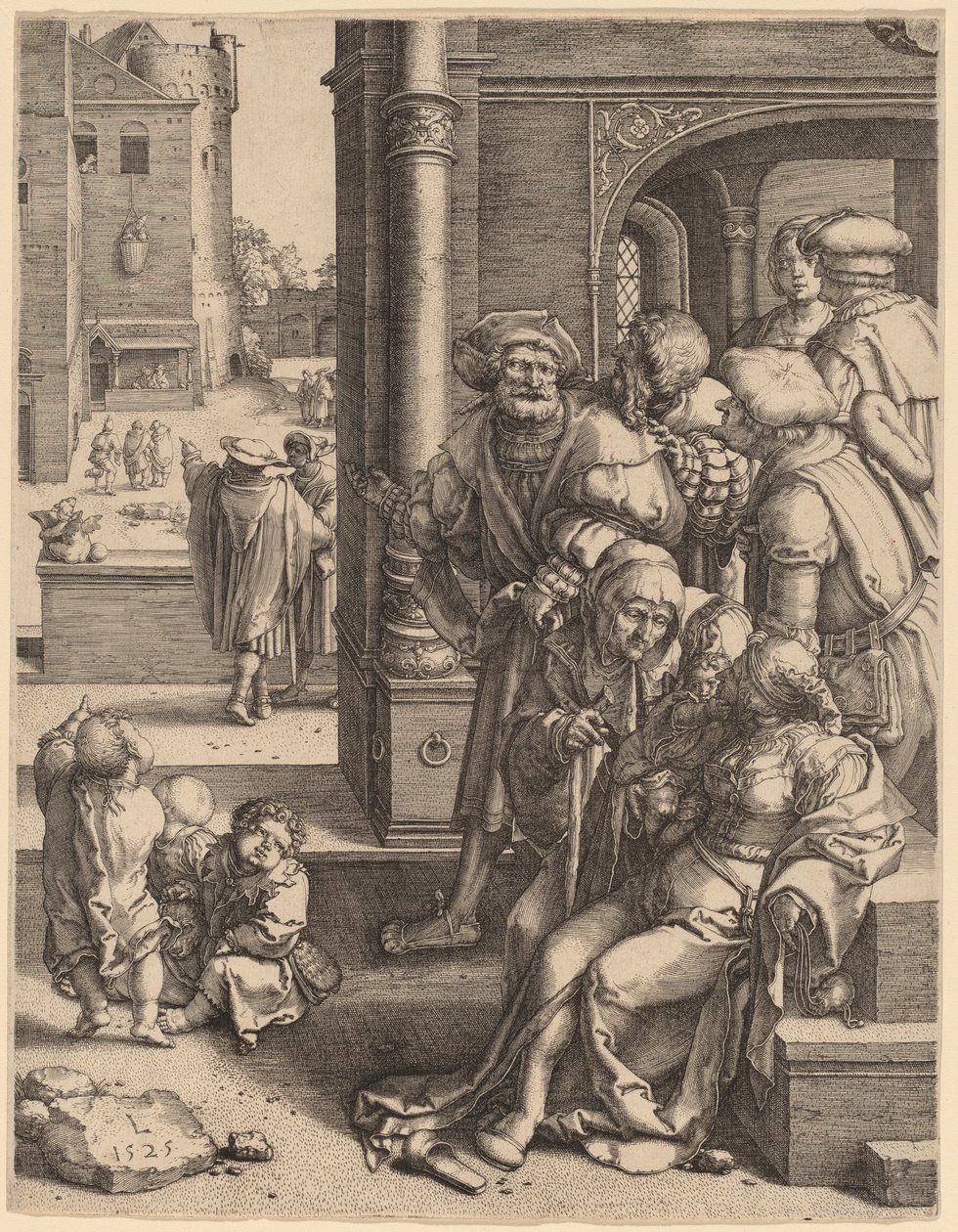 Le poète Virgile suspendu dans un panier - Lucas van Leyden