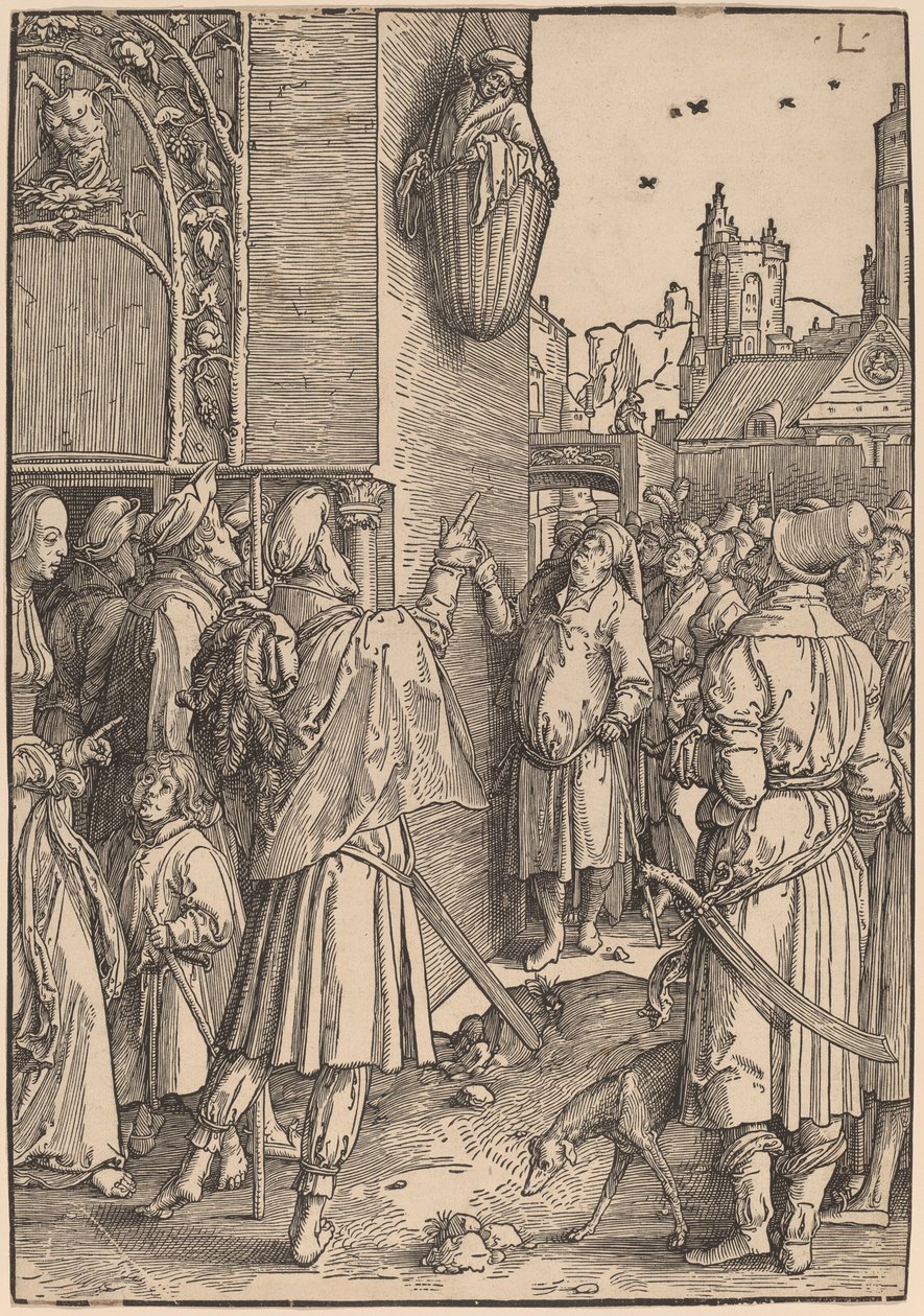 Le poète Virgile suspendu dans un panier - Lucas van Leyden