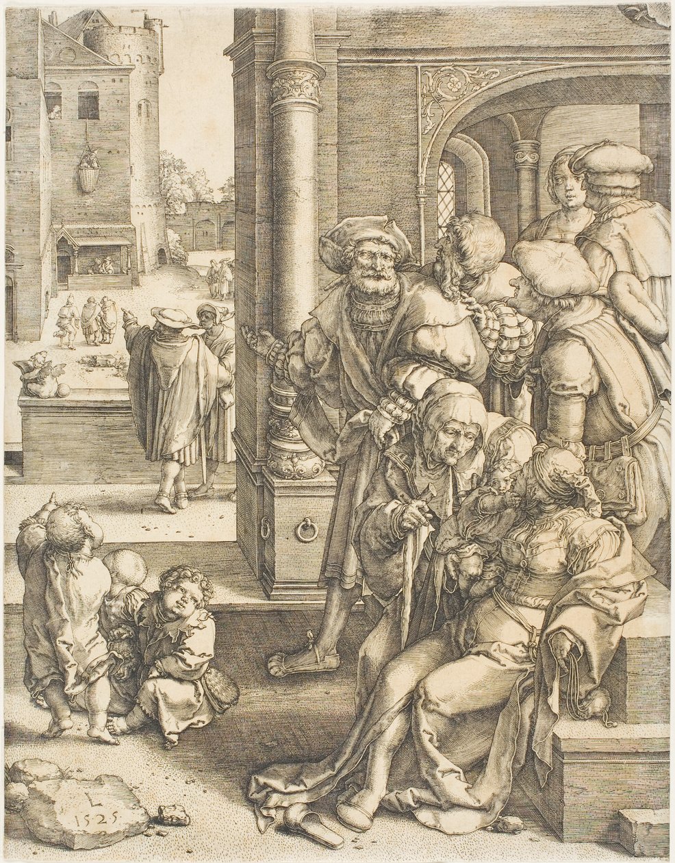 Le poète Virgile suspendu dans un panier - Lucas van Leyden