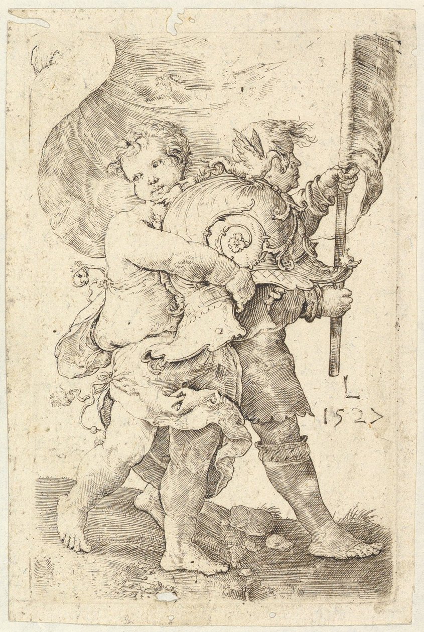 Deux garçons avec un casque et une bannière - Lucas van Leyden