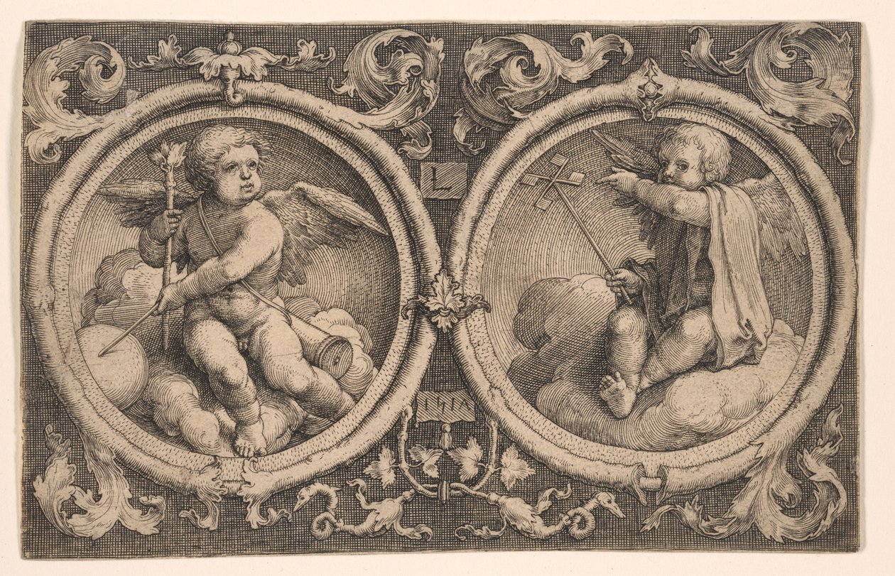 Deux Cupidons assis sur des nuages - Lucas van Leyden