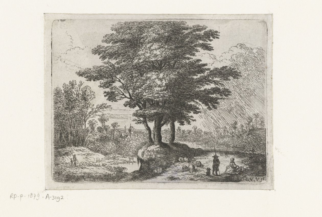 Trois arbres, un berger avec des moutons et un chien - Lucas van Uden
