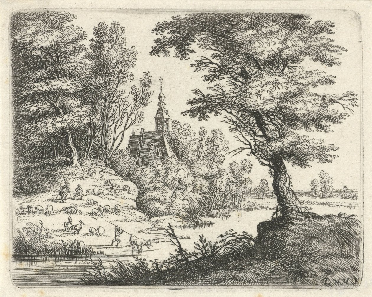 Paysage avec bergers et bétail près d