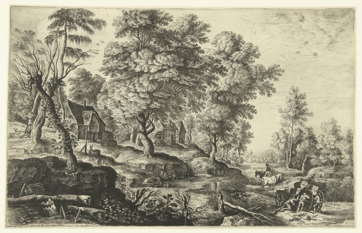 Paysage avec hommes poussant une charrette - Lucas van Uden