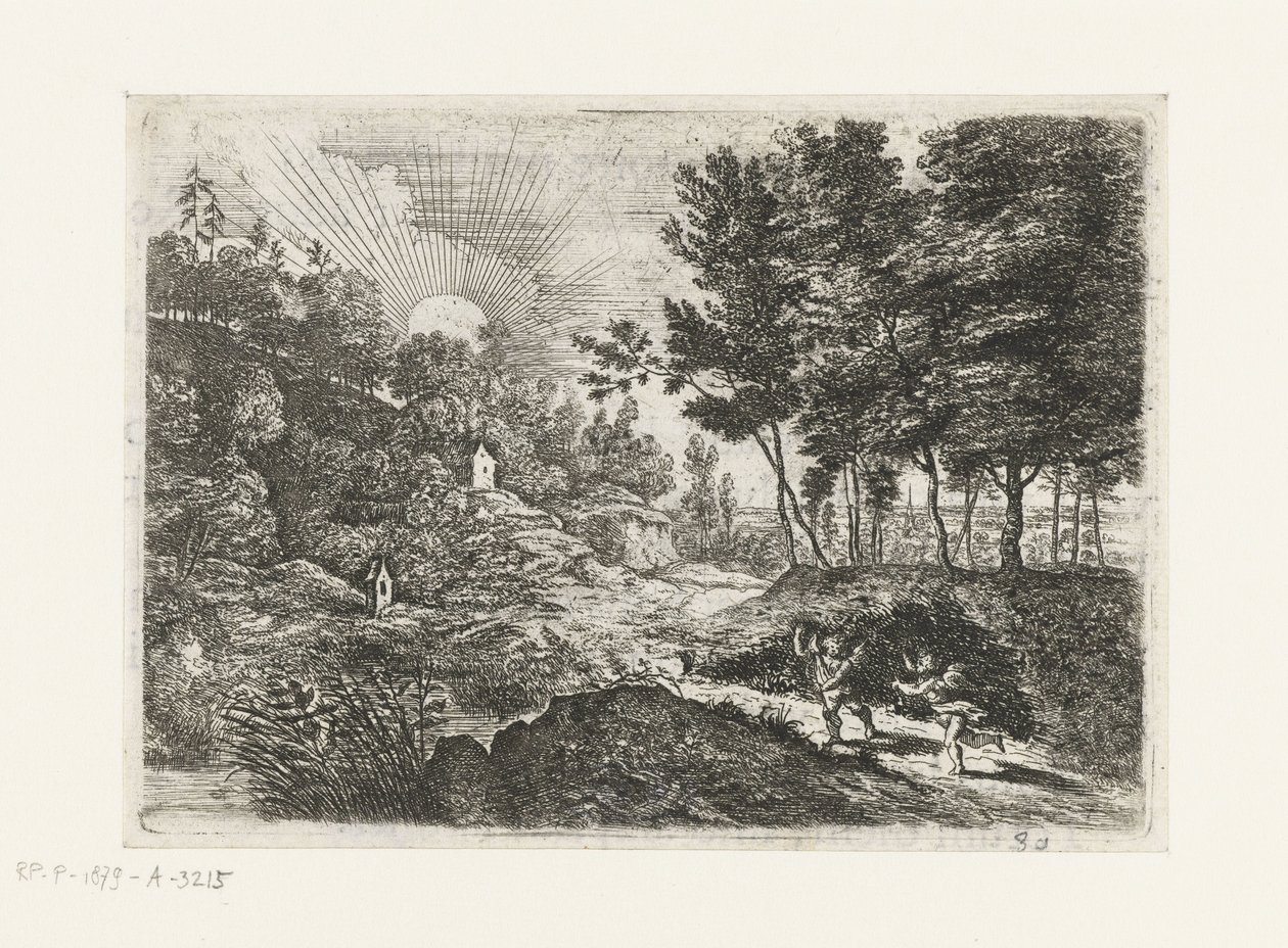 Paysage avec deux putti Paysage avec un garçon et une femme avec une cruche Cinq paysages (titre de la série) - Lucas van Uden