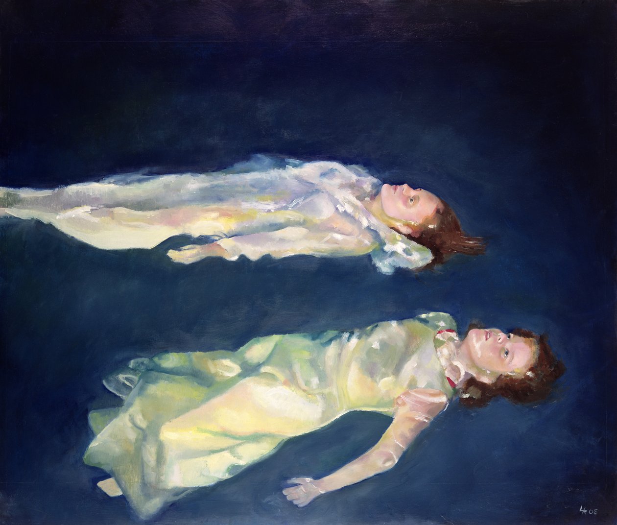 Deux filles flottant, 2004 (huile sur carton) - Lucinda Arundell