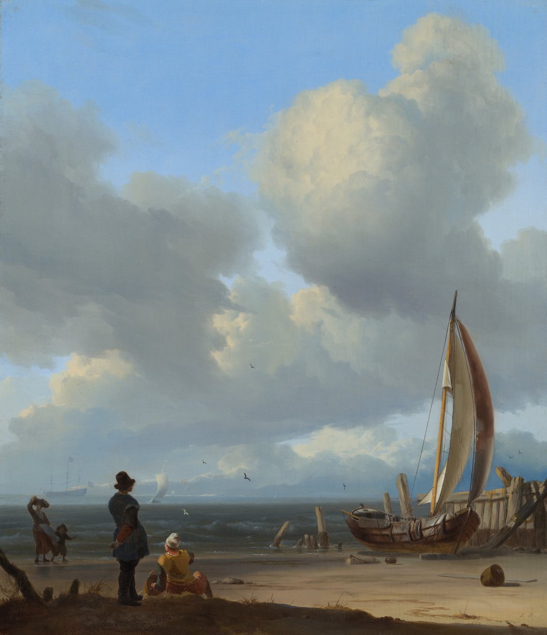 Néerlandais : Zeegezicht met figuren bij een vissersboot op het strand Un vaste paysage marin avec des personnages près d