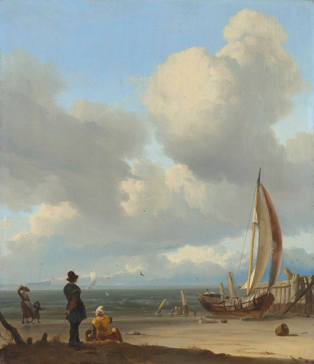 Néerlandais : Zeegezicht met figuren bij een vissersboot op het strand Un vaste paysage marin avec des personnages près d
