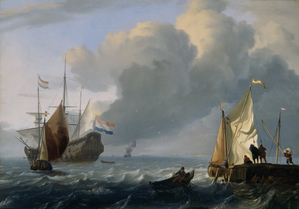 Frégate hollandaise et autres navires au large de la côte, vers 1690 (huile sur panneau de chêne) - Ludolf Bakhuizen