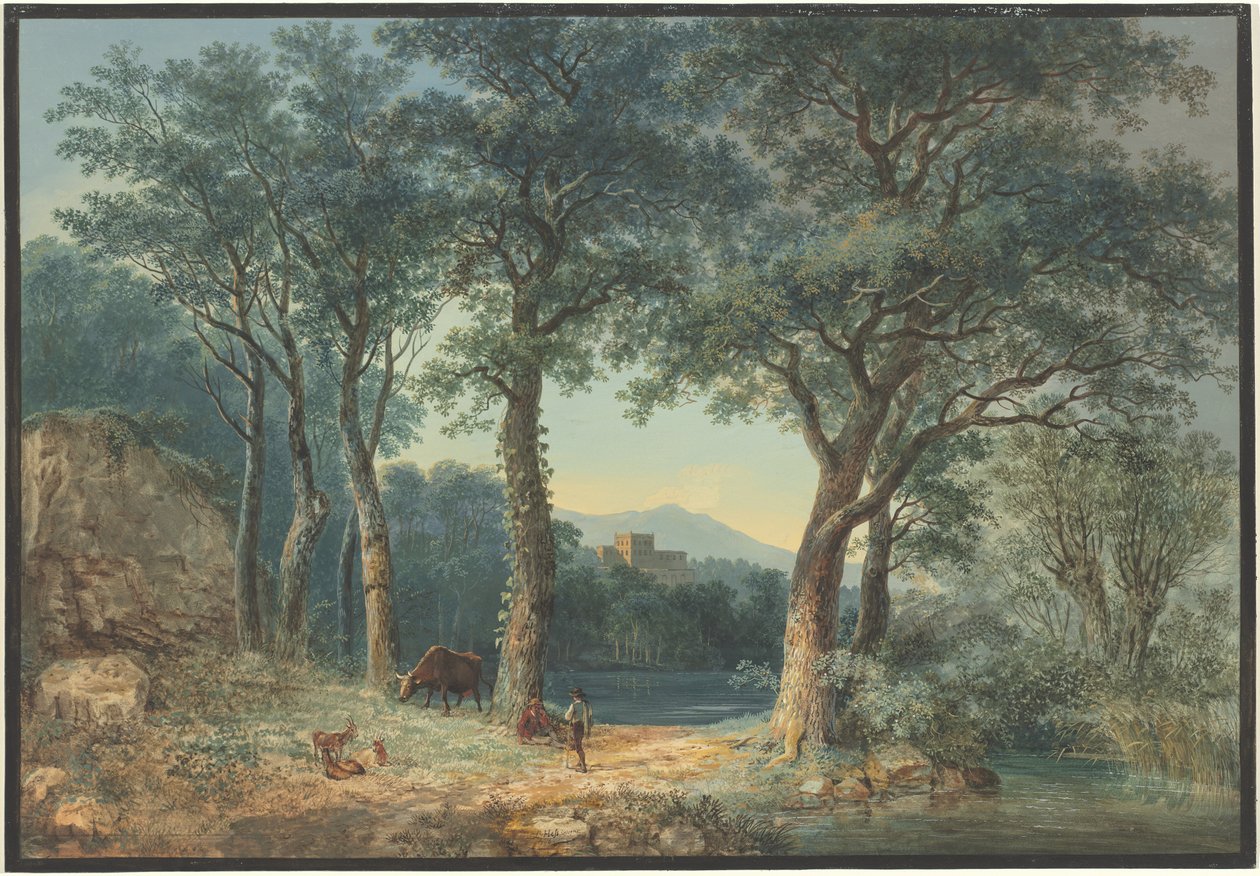Un bord de lac boisé avec une villa à l
