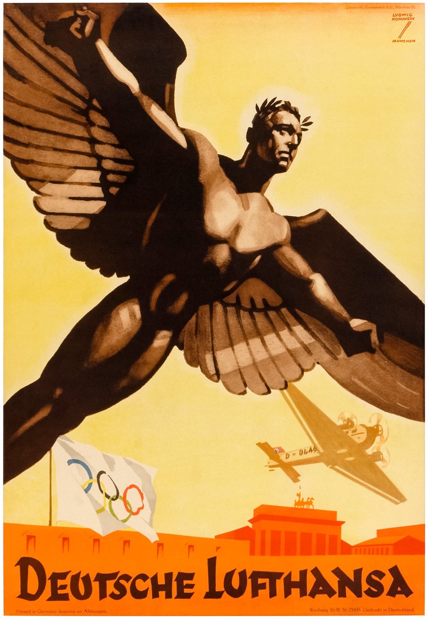 Deutsche Lufthansa, affiche des compagnies aériennes allemandes promouvant les Jeux olympiques de 1936 dans l