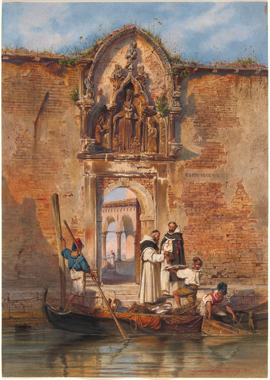 Moines Achetant du Poisson devant le Portail de la Madonna della Misericordia - Ludwig Johann Passini