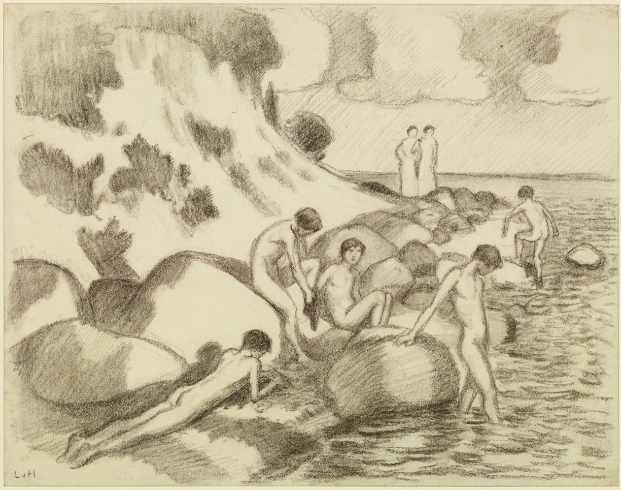 Des garçons se baignant sur la plage, avec deux femmes en arrière-plan - Ludwig von Hofmann