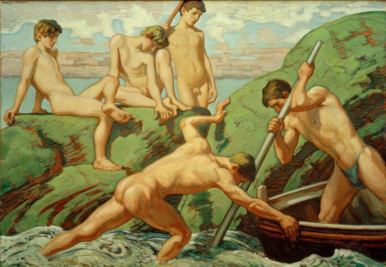 Nus pêcheurs et garçons sur la rive verte - Ludwig von Hofmann