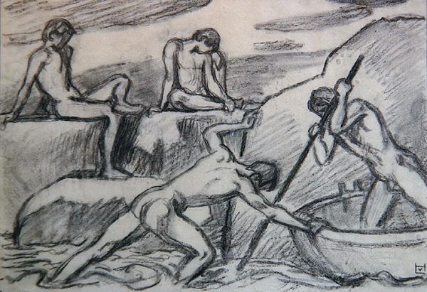 Nudiste et jeunes sur une rive verte - Ludwig von Hofmann