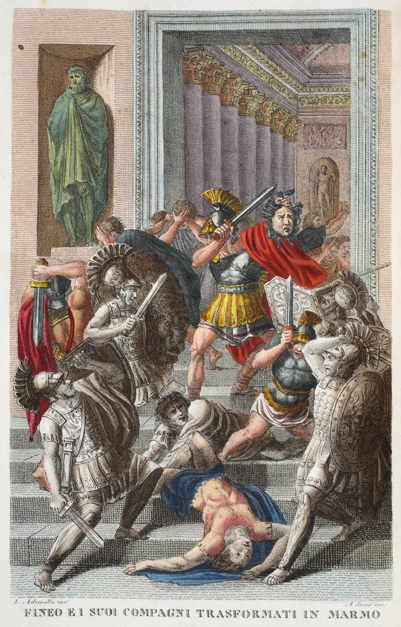 Phinée et ses amis transformés en pierre, Livre V, illustration des Métamorphoses d