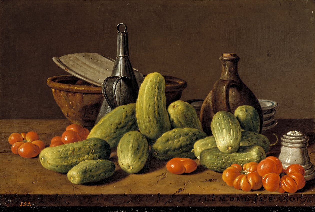 Espagnol : Bodegón con pepinos, tomates y recipientes Still Life with Cucumbers Tomatoes and Vessels (Vie morte avec concombres, tomates et récipients) - Luis Egidio Melendez
