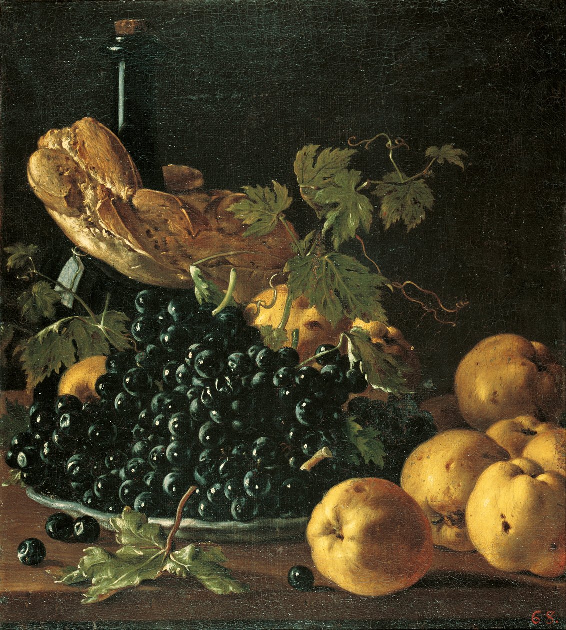 Nature morte avec du pain, des pommes, des raisins et une bouteille - Luis Egidio Melendez