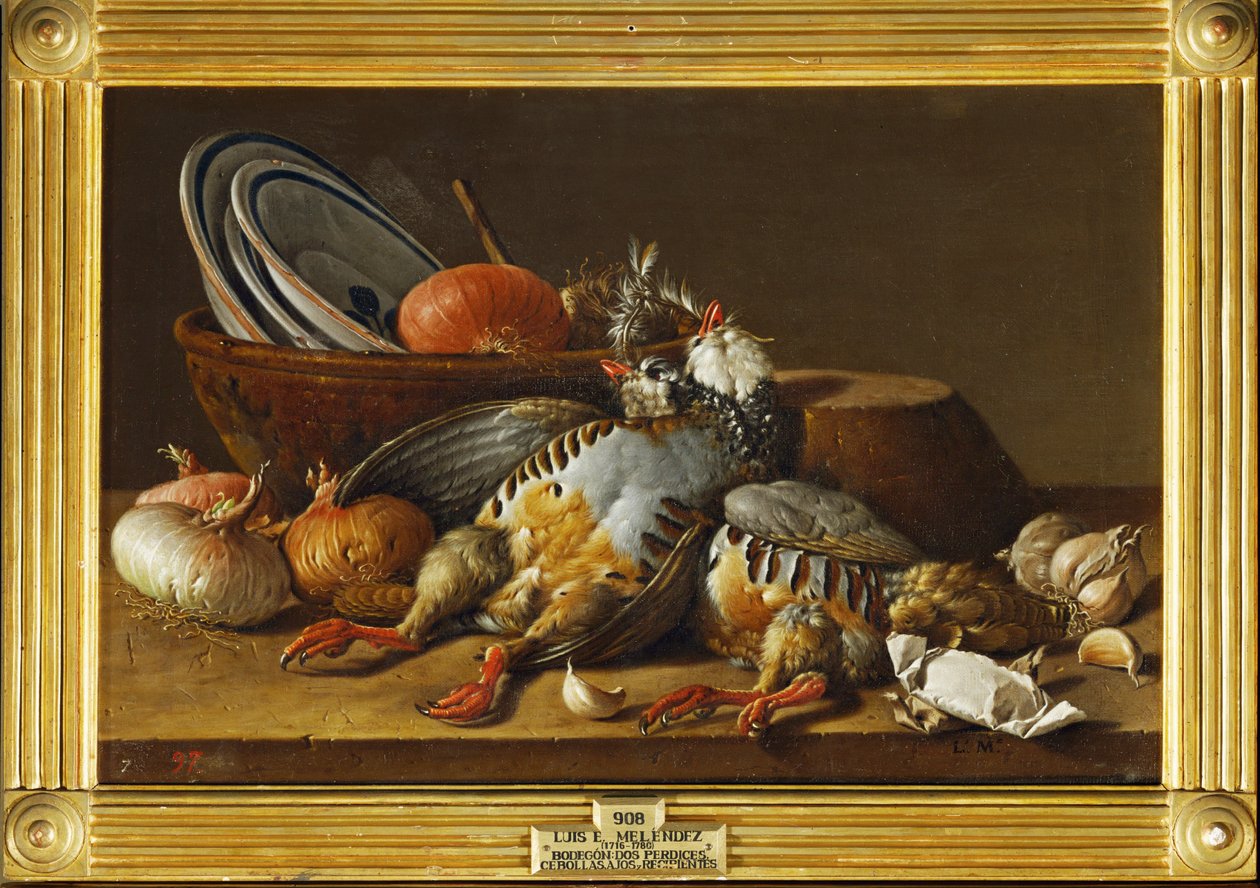 Nature morte avec deux perdrix, oignons et ustensiles de cuisine ... (peinture sur toile) - Luis Menendez or Melendez