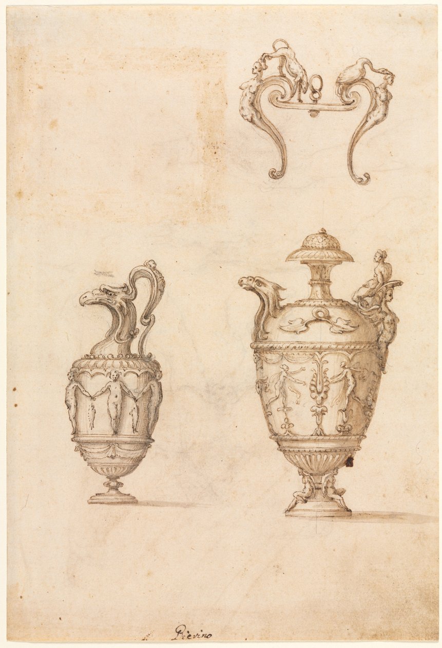 Conception pour deux vases et un ornement recto, milieu des années 1500 - Luzio Romano